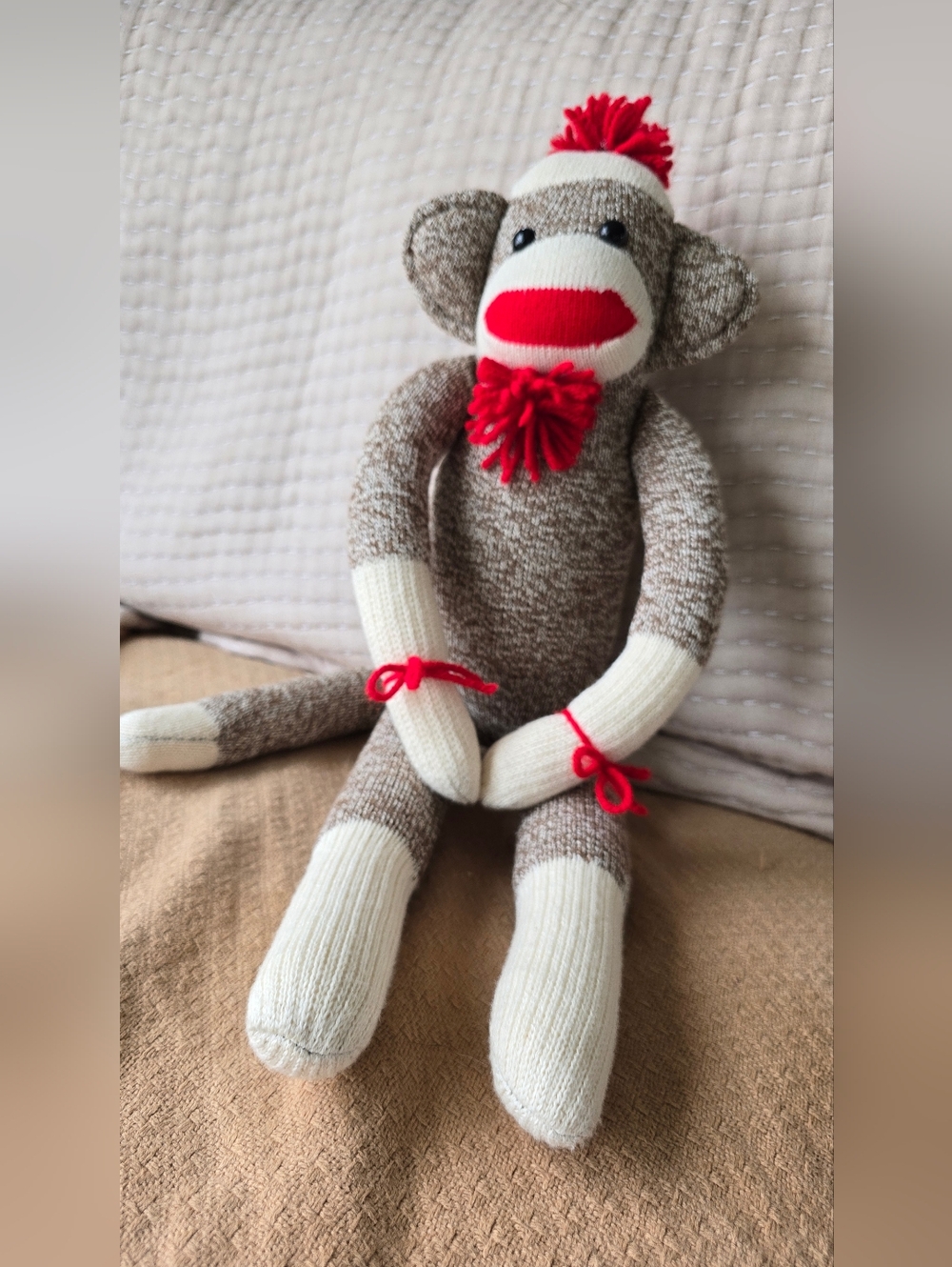 Classic Brown & Cream Sock Monkey Plush with Red Accents
